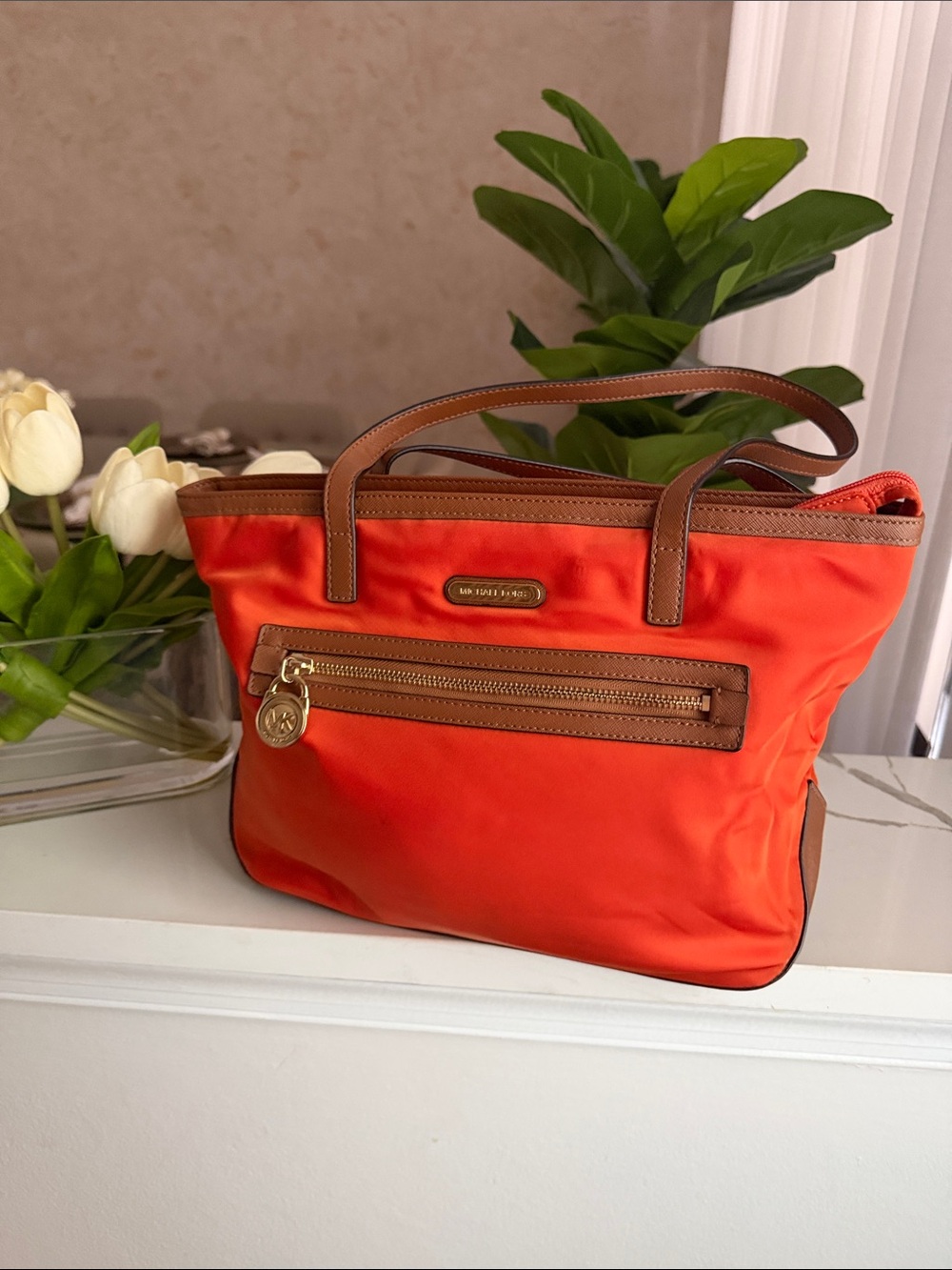 Michael Kors Orange Tote with Brown Leather Trim and Zip Pocket